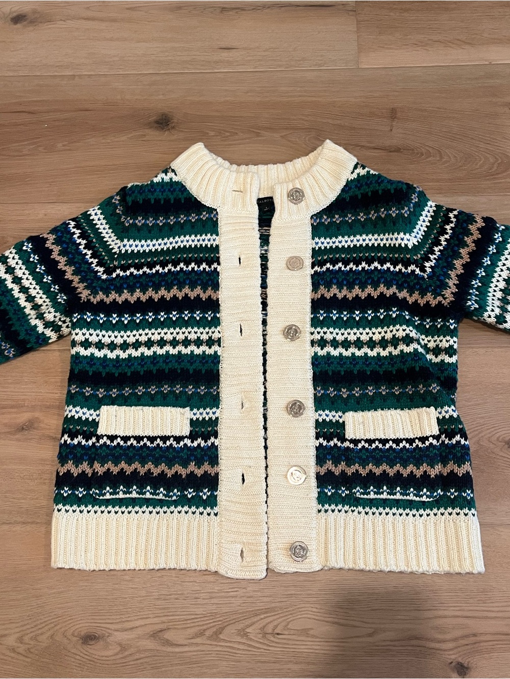 Talbots metallic Mockneck Sweater Jacket- Cadet Fair Isle size S